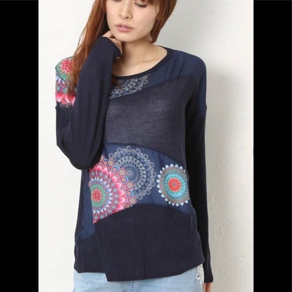 New! Desigual Beautiful navy with chiffon panel knit blouse s - Picture 2 of 14